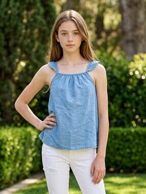 NWT Thereabouts Light Blue Chambray Girls' Flutter Sleeve Tank Top Reg & Plus